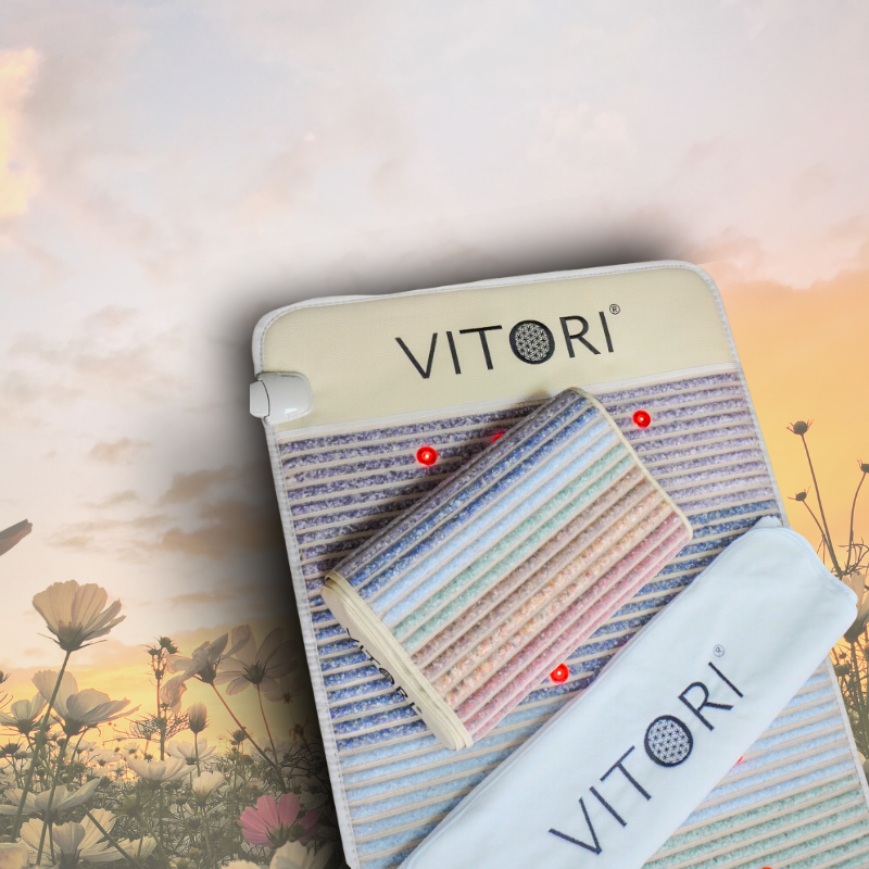 Das VITORI® Paket Ultimate-Set besteht aus einem pastellgestreiften Kristallmatte-Heizkissen, einem zylindrischen Ultimate-Kissen und einem weißen Gurt, wunderschön präsentiert vor der Kulisse eines Sonnenuntergangs mit Wildblumen.