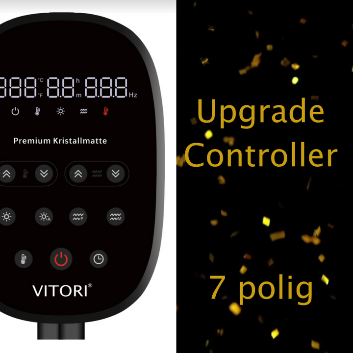 Nahaufnahme des VITORI Upgrade Controllers Kristallmatte - 7-polig mit Digitalanzeige und Tasten auf der linken Seite, vor schwarzem Hintergrund mit goldenem Konfetti und dem Produktnamen auf der rechten Seite.