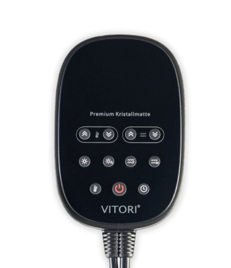 Ein schwarzer Upgrade Controller Kristallmatte von VITORI verfügt über Touch-Tasten und Symbole für Einstellungen wie Power und Modus, wobei der Markenname unten angezeigt wird.