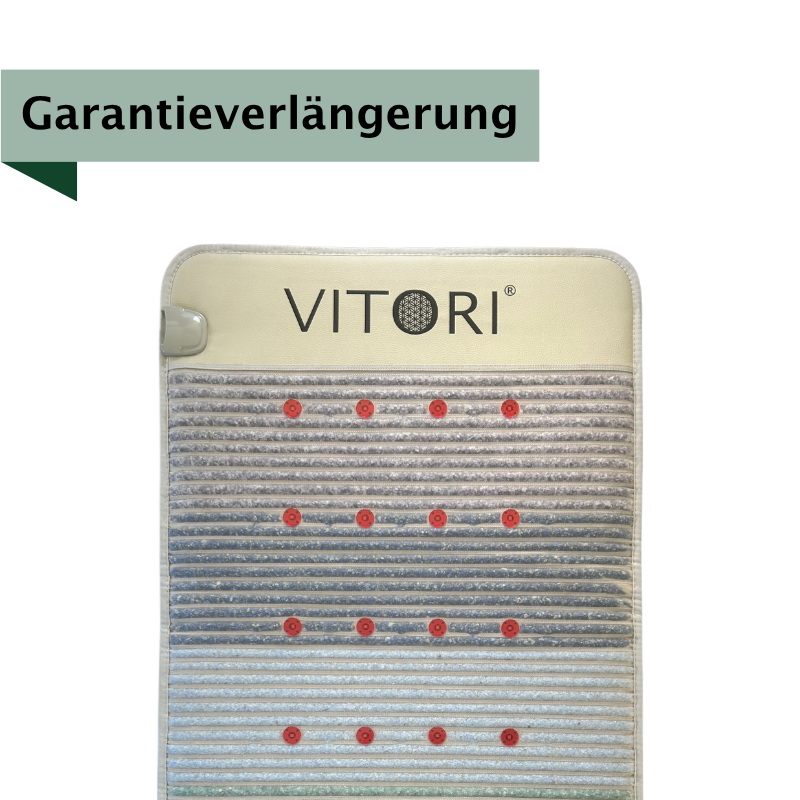 Auf weißem Hintergrund erscheint ein VITORI® Garantieverlängerung - Rückläufer Heizkissen mit roten Punkten. Ein grüner Aufkleber oben links mit der Aufschrift „Garantieverlängerung“ und einem Pfeil weist auf geprüfte Qualitätsstandards hin.
