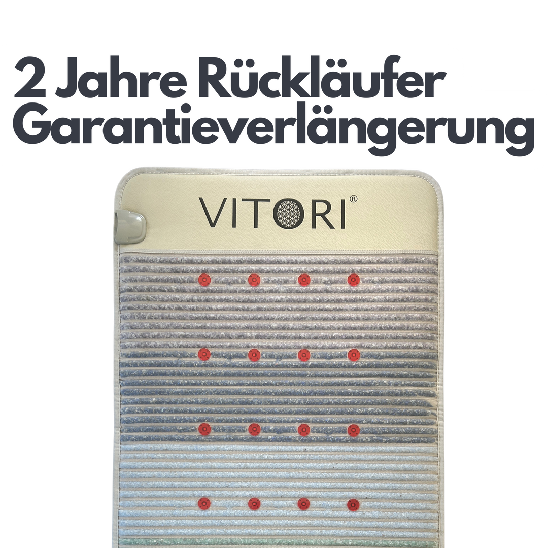 Unter dem deutschen Text ist ein VITORI® Garantieverlängerung - Rückläufer-Heizkissen mit roten und grauen Streifen abgebildet, das die 2-jährige Garantieverlängerung für zurückgegebene Artikel hervorhebt.