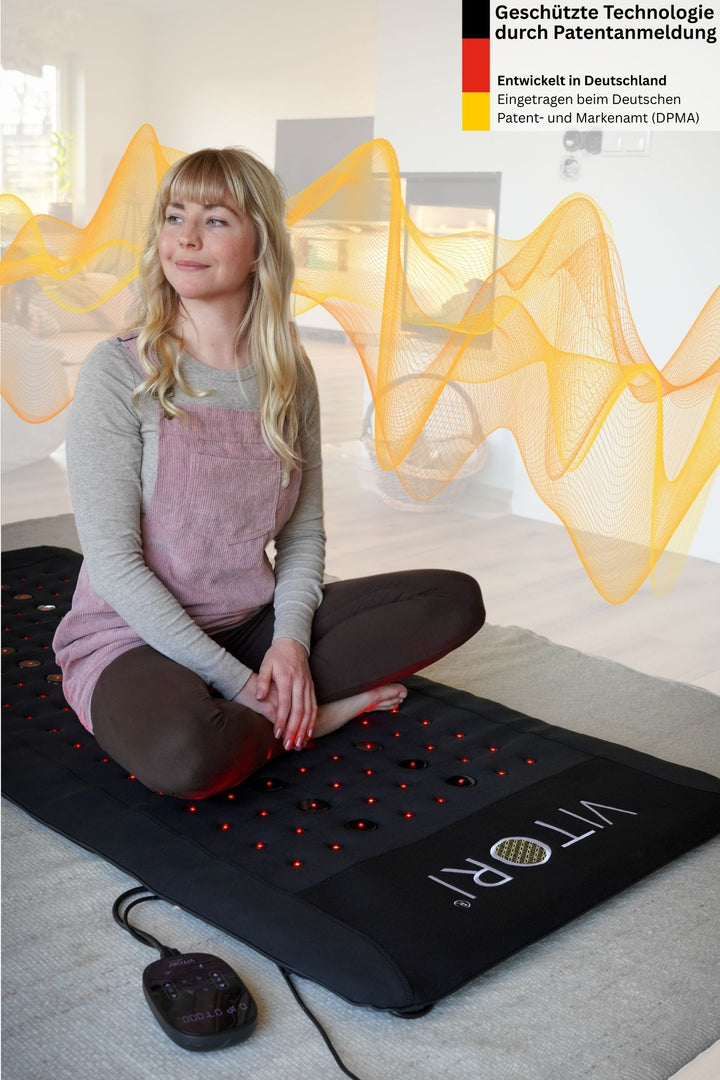 Eine Frau sitzt im Schneidersitz auf einer VITORI® VitaMat®, einer schwarzen Matte mit roten LED-Leuchten, in einem hellen Wohnzimmer. Oben sind gelbe Schallwellengrafiken, ein deutsches Patent sowie Informationen zum VitaWave®-Technologie-Konzept zu sehen. Marke: VITORI.