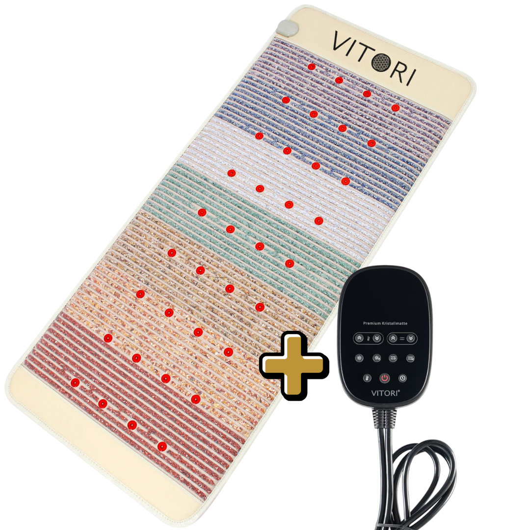 Ein VITORI Sommeraktion-Bundle: eine Kristallmatte neben einem schwarzen Upgrade Controller, dazwischen ein weißes Pluszeichen.