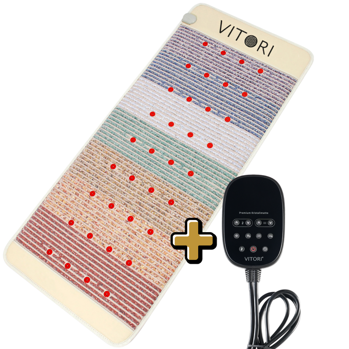 Ein VITORI Sommeraktion-Bundle: eine Kristallmatte neben einem schwarzen Upgrade Controller, dazwischen ein weißes Pluszeichen.